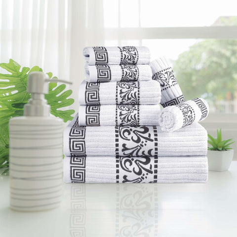 Superior 8-Piece Cotton Towel Set, Decorative Greek Pattern, Home Essentials, Absorbent Towels, Decor for Bathroom, Spa, Includes 2 Hand