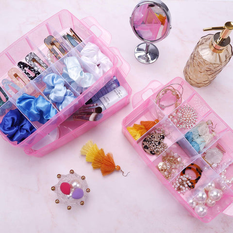 SGHUO 3-Tier Pink Craft Storage Container Box, Stackable Organizer Box with Dividers for Art Supplies, Beads, Washi Tapes, Seed, Hair Accessories
