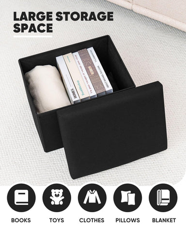 Bonlife Black Ottoman Storage Box - Foldable Rectangular Footstool for Living Room, Kids Toy Chest with Lid, Multi-Use Seat & Storage, 42x32x32 cm