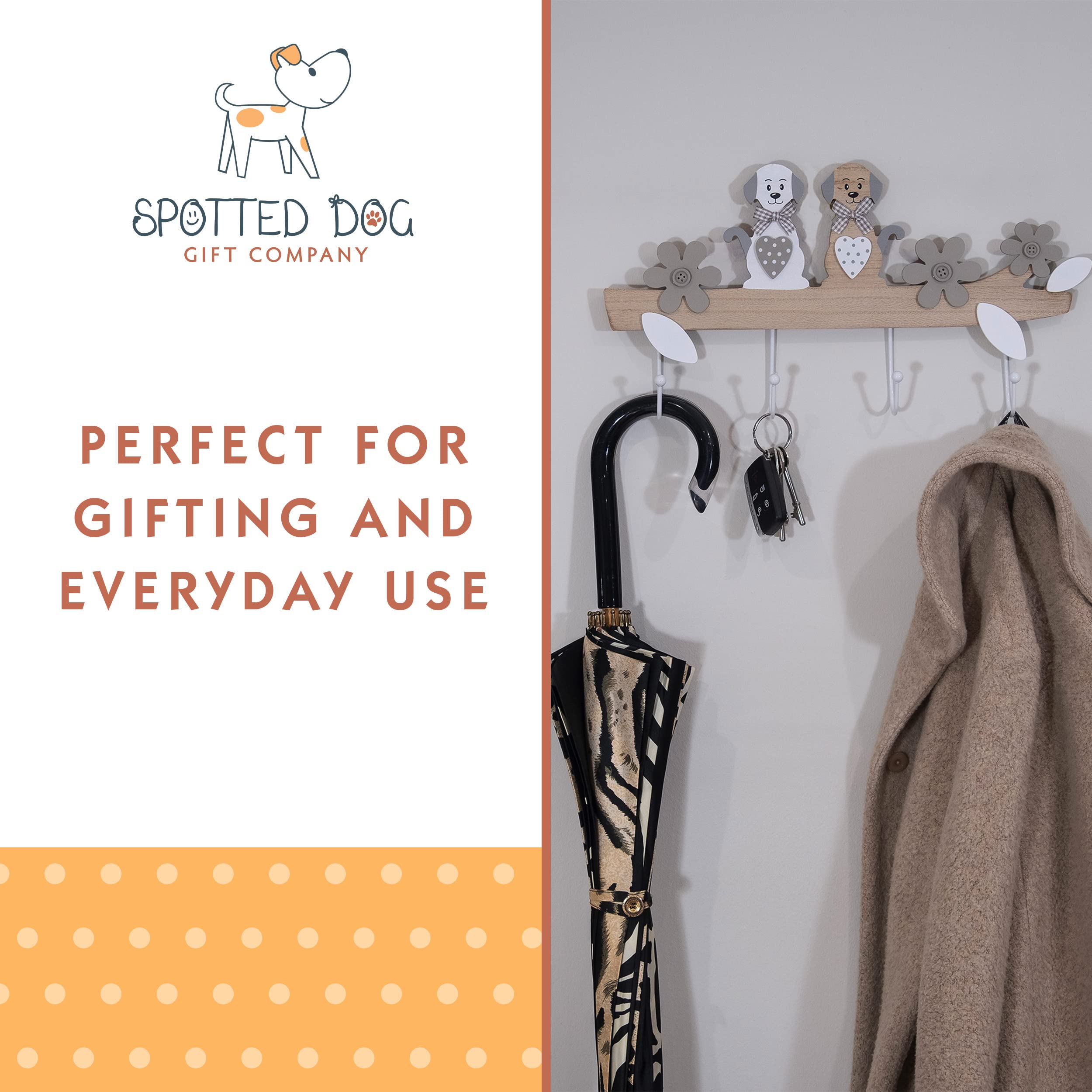 SPOTTED DOG GIFT COMPANY Coat Hooks Wall Mounted Coat Rack, Cute Decorative Wooden 4 Hook Wall Hanger for Clothes Keys Leads