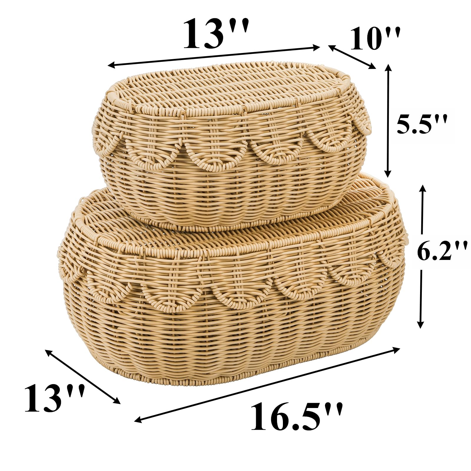 Tebery Set of 2 Wicker Storage Baskets with Lid, Hand Woven Scalloped Basket Boxes for Shelf, Sturdy Rattan Storage Bin Organizer for Home Decoration