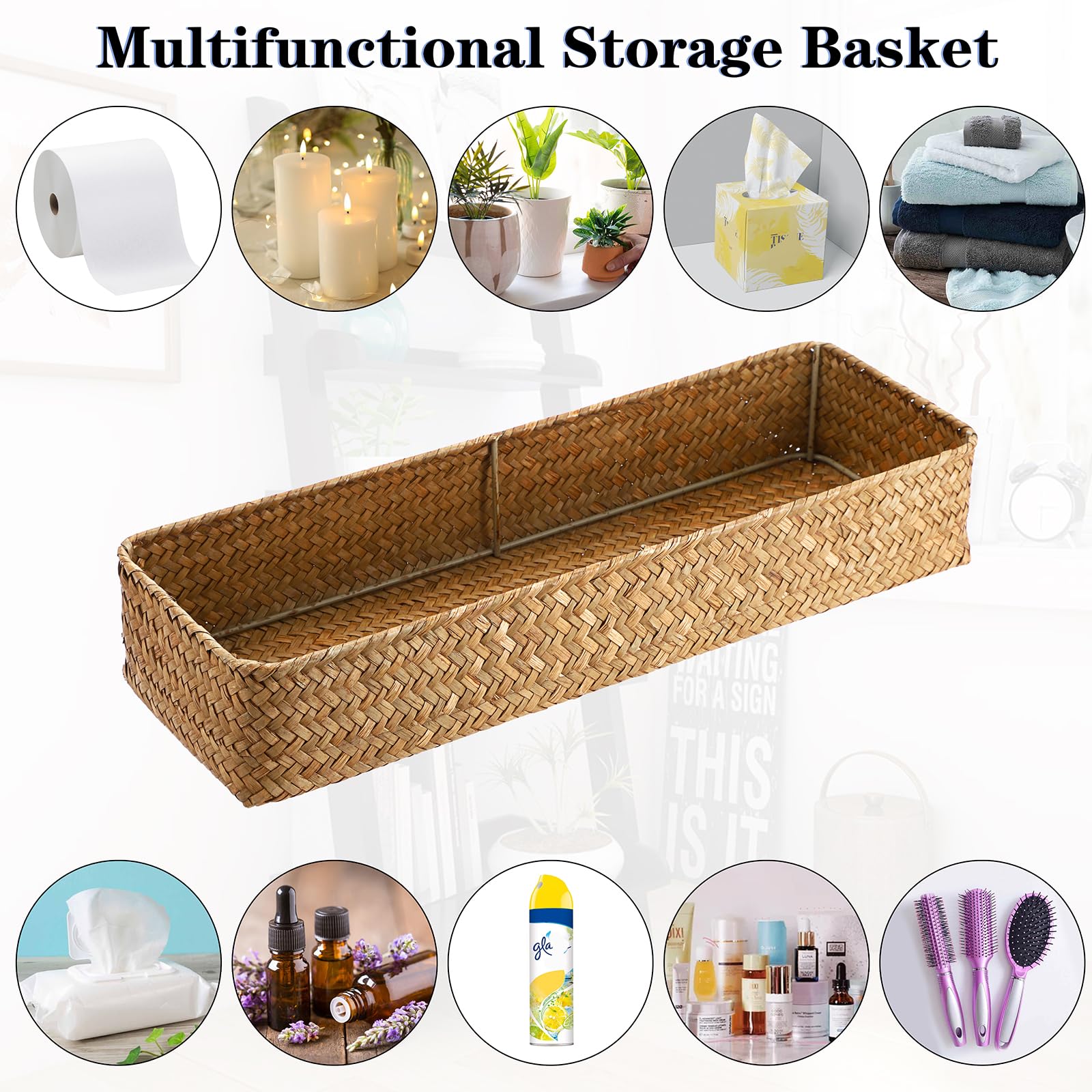 IGNPION Seagrass Long Storage, Coffee Table Serving Decorative Display, Kitchen & Living Room, Caramel