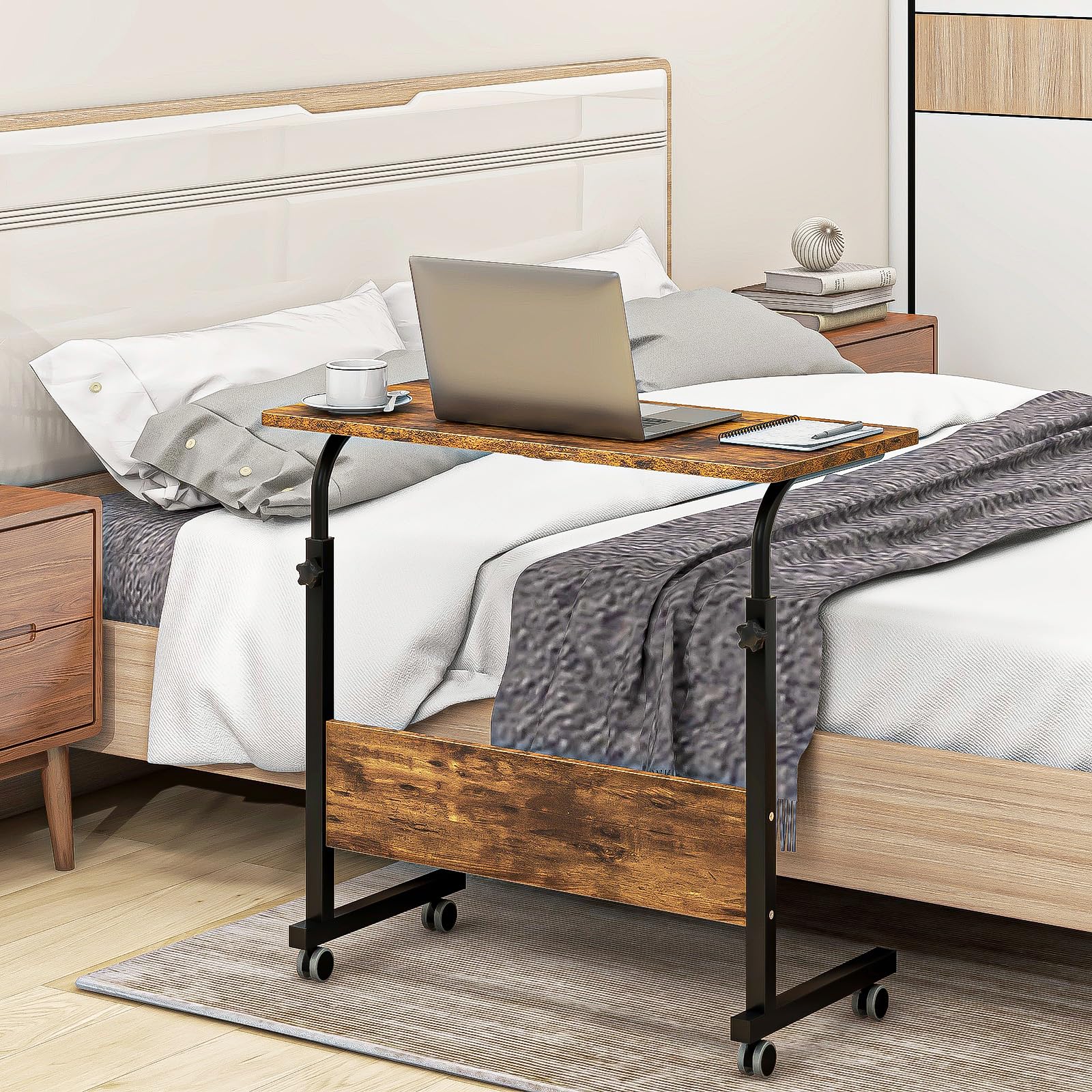 sogesfurniture Height-adjustable laptop table, laptop stand, computer desk with wheels, mobile side table, care table for bed and sofa
