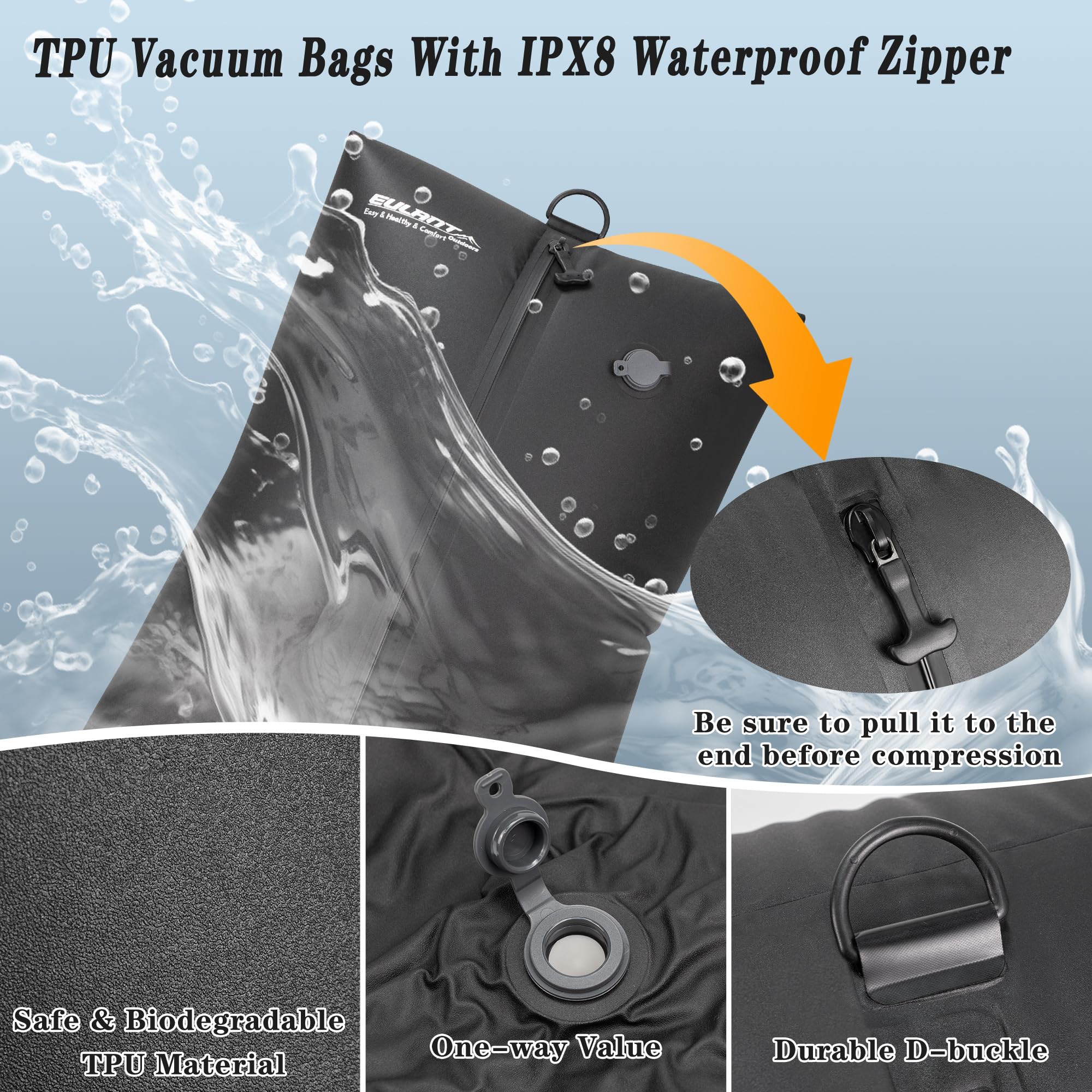 EULANT TPU Travel Vacuum Bags with Pump,Reusable Travel Pack Vacuum Kit With IPX8 Zip