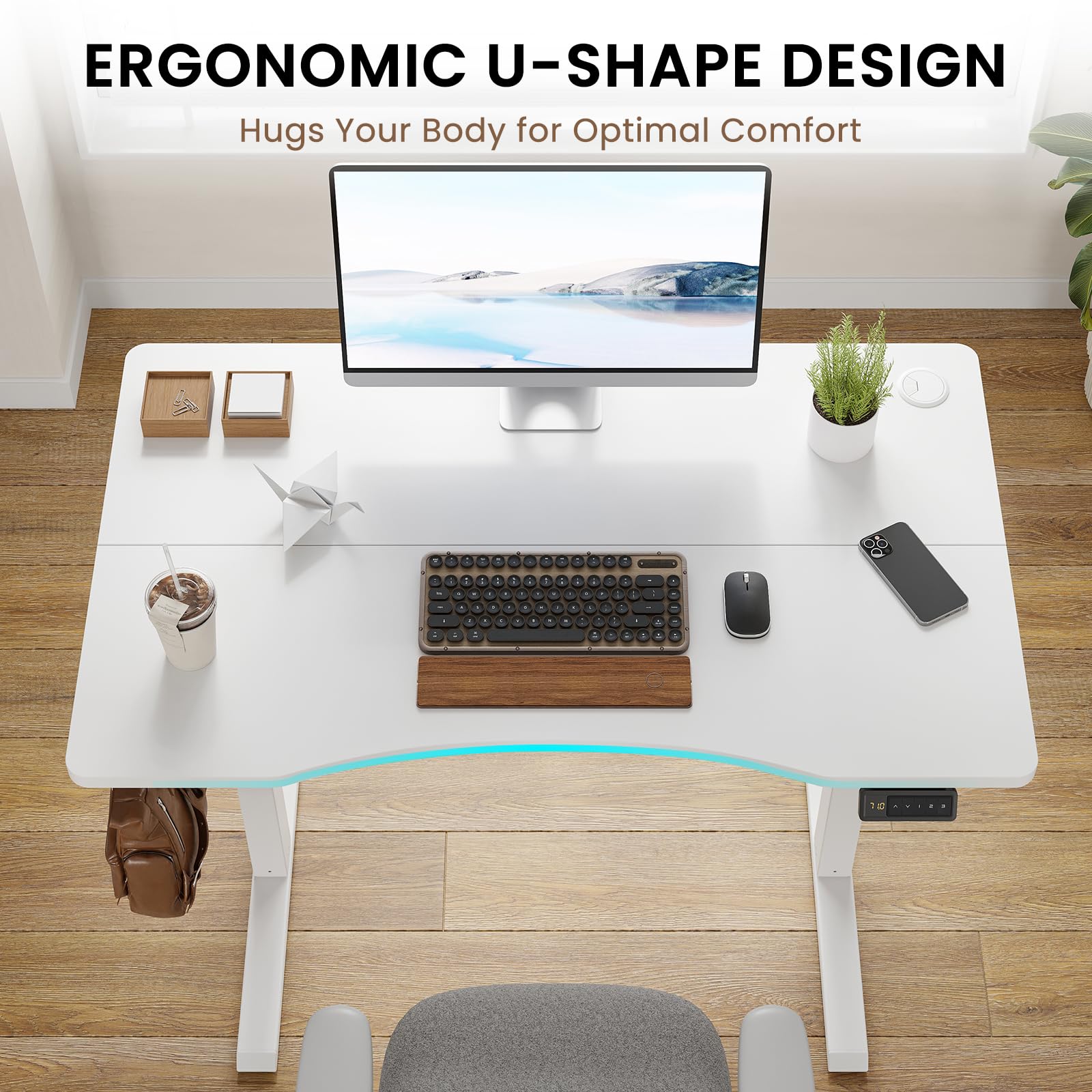 Farini U-Shaped Ergonomic Electric Standing Desk, 100x60cm, Height Adjustable Sit to Stand Desk with Memory Keypad & Headphone Hook for Home and