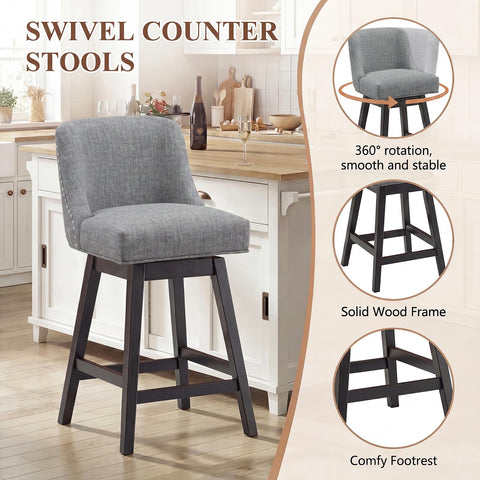 Bar Stools Set of 2, 360° Swivel Upholstered Counter Stools with Back, Wooden Frame Kitchen Bar Chairs with Nailhead Trim