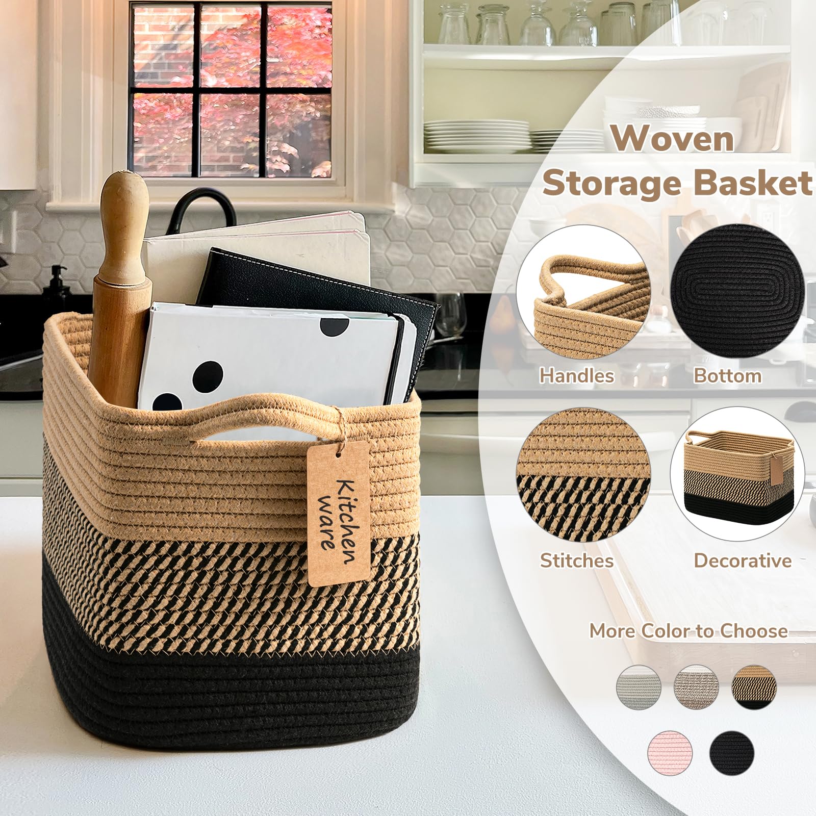 TIMEYARD 3 Pack Storage Baskets for Shelves Woven Cotton Rope Basket Black