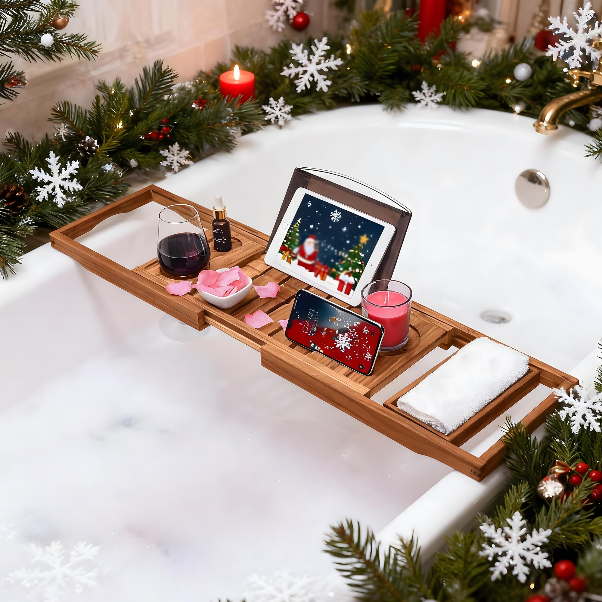 Utoplike Teak Wood Adjustable Bath Tray for Bathtub