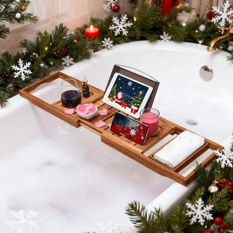 Utoplike Teak Wood Adjustable Bath Tray for Bathtub