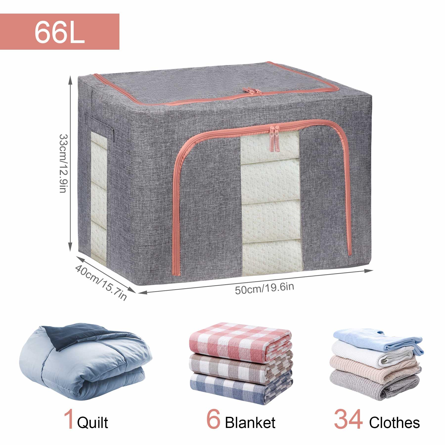 DAWNTREES 4 Pack 66L Collapsible Storage Boxes for Clothes, Grey