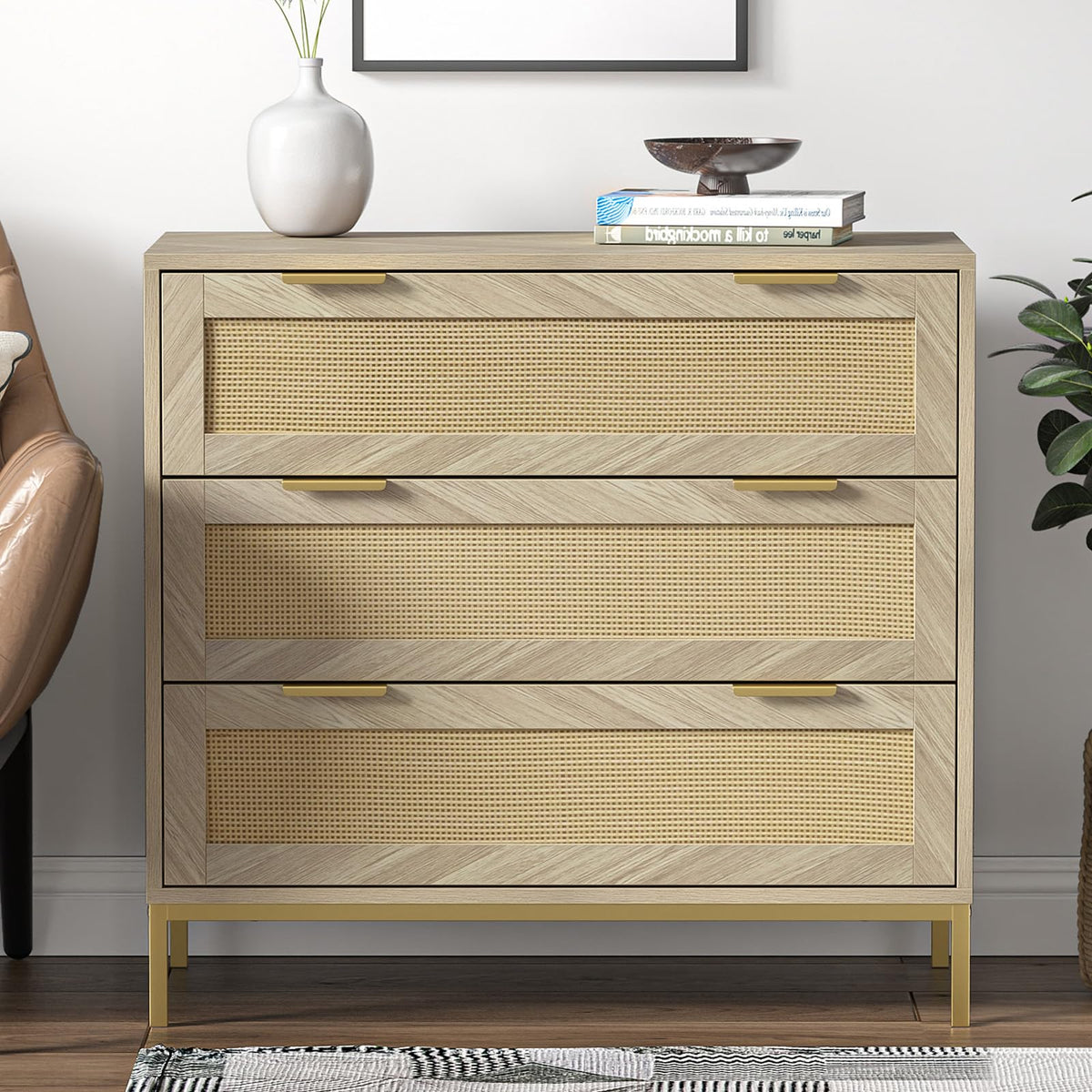 Yvsevnr Rattan Bedroom Dresser Chest of Drawers Anti-Tipping Wooden Herringbone Closet Dressers Large Nightstand Metal Handles Bedside Storage