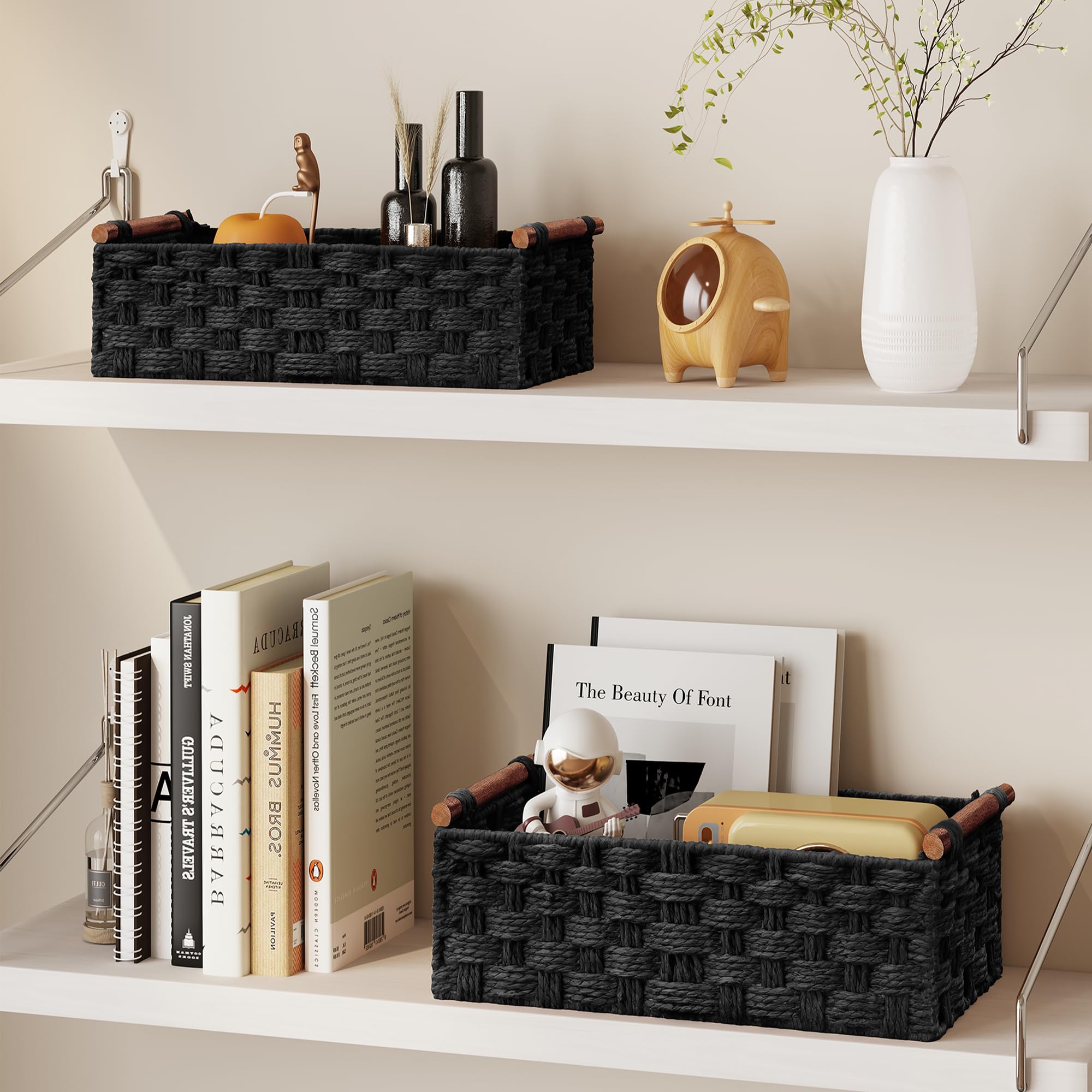 Vagusicc Wicker Storage Basket with Handle, Set of 2 Handwoven Paper Rope Storage Basket for Shelves