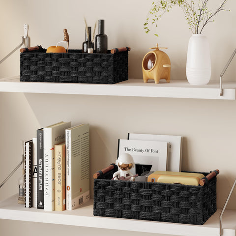 Vagusicc Wicker Storage Basket with Handle, Set of 2 Handwoven Paper Rope Storage Basket for Shelves