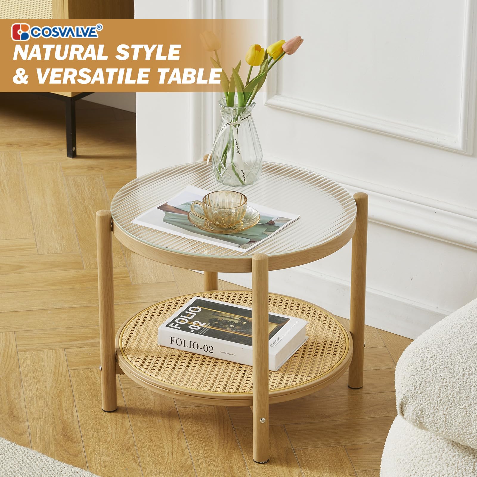 COSVALVE Boho Rattan Coffee Table Small Round, Glass Metal Side Table