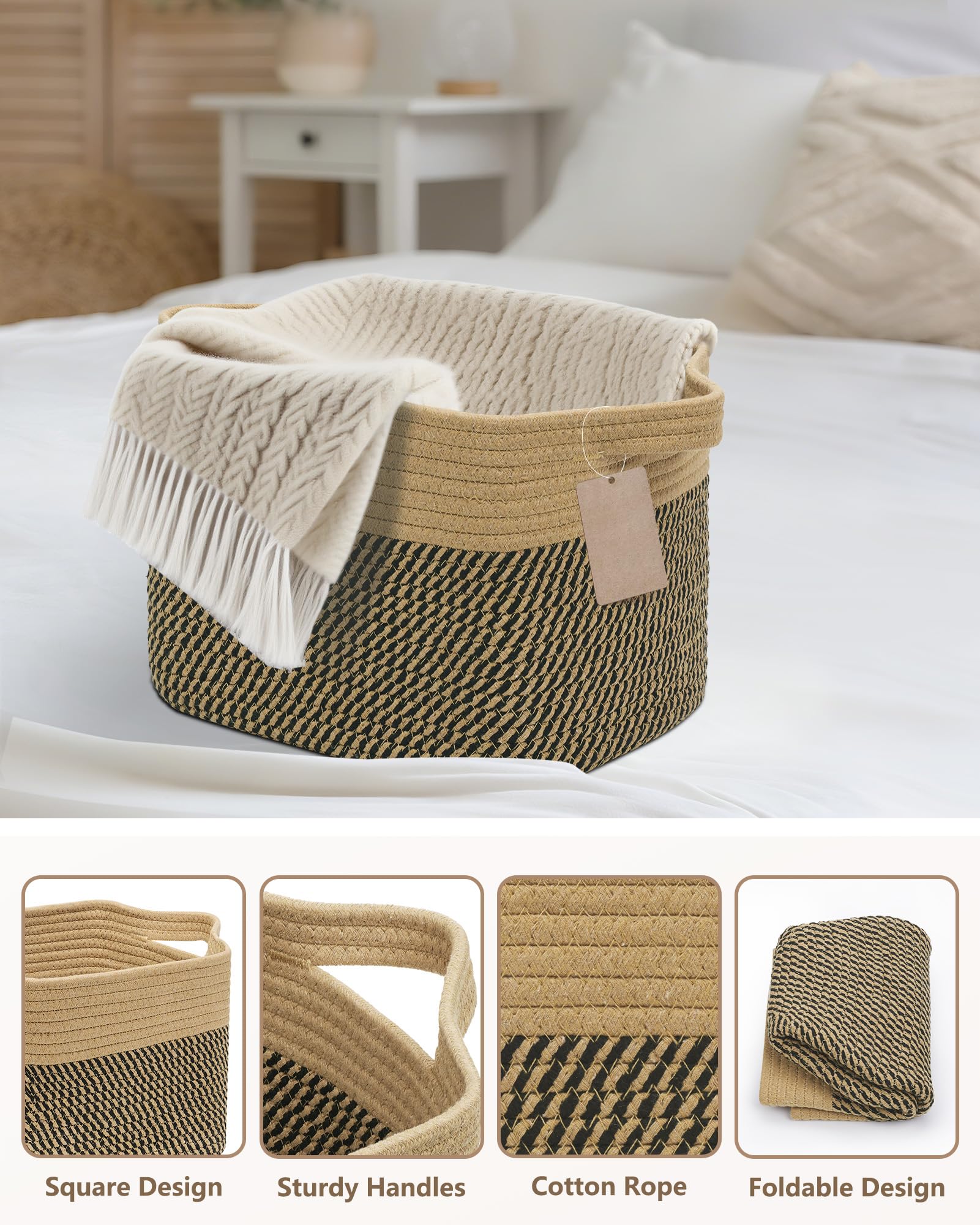 JOJOSEE Small Cotton Rope Woven Storage Basket for Shelves, Black&Brown