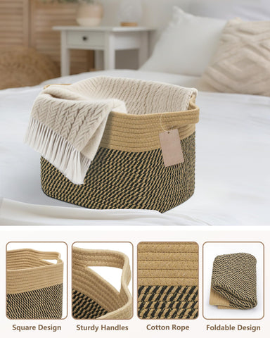 JOJOSEE Small Cotton Rope Woven Storage Basket for Shelves, Black&Brown