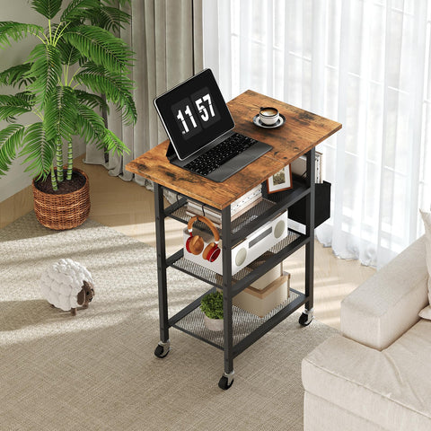 MAHANCRIS 4-Tier Printer Stand, Rolling Printer Table on Wheels, Industrial Storage Stand with Side Pocket, Wooden Tabletop