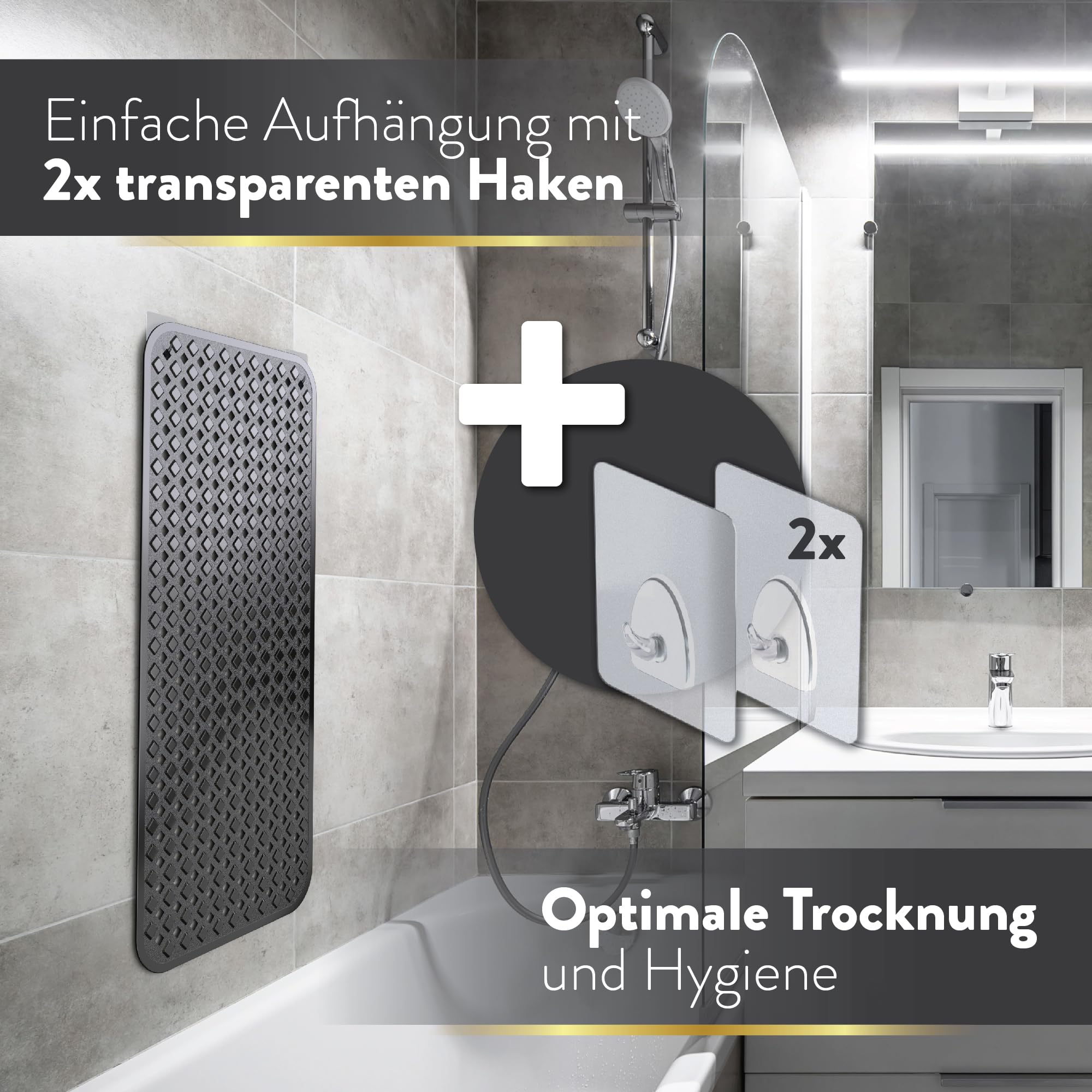 BAMONDO Bath Mat Non-Slip & Skin Sensitive (Black) - 88 x 39 cm - Machine Washable | Mould-Free | BPA Free