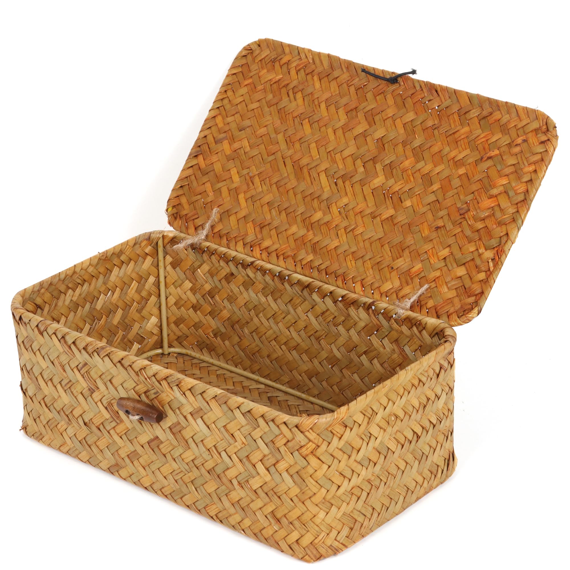 FEIALNDUO Wicker Shelf Baskets with Lid,Seagrass Storage Basket Bins Rectangular Handwoven Basket Boxes for Shelves Desktop Home Organizer