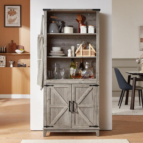 LELELINKY 70in Tall Bookshelf 5 Tier Bookcase with Barn Doors and Adjustable Shelves, Oak Farmhouse Book Shelf with Storage Cabinet