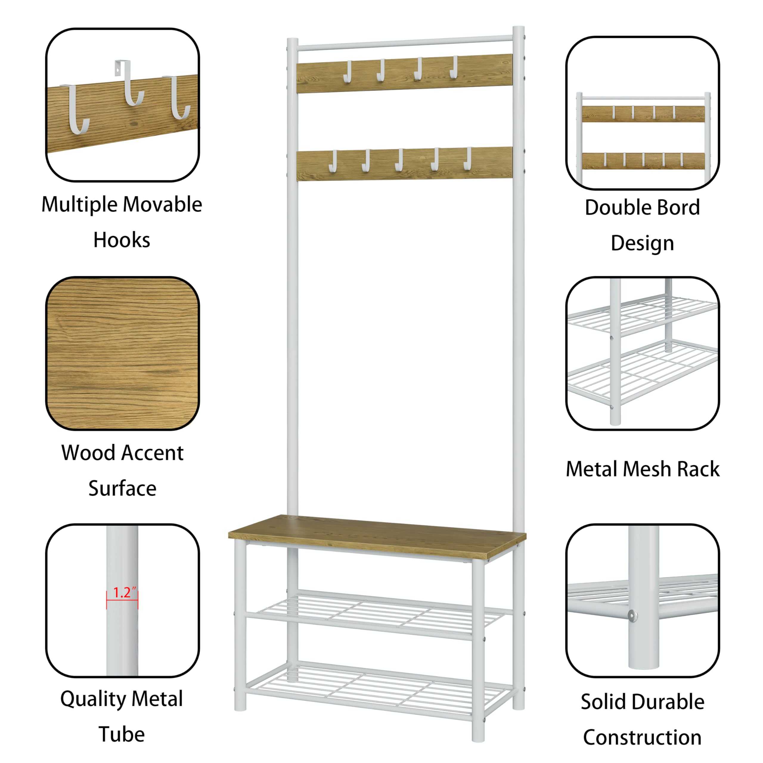HEYZOEY Coat Stand, Coat Rack with Shoe Storage, 3-in-1 Freestanding Wooden Coat Rack with Shoe Bench and ShoeRack