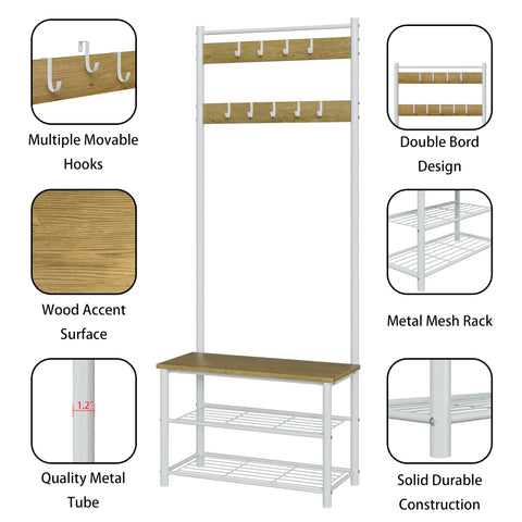 HEYZOEY Coat Stand, Coat Rack with Shoe Storage, 3-in-1 Freestanding Wooden Coat Rack with Shoe Bench and ShoeRack