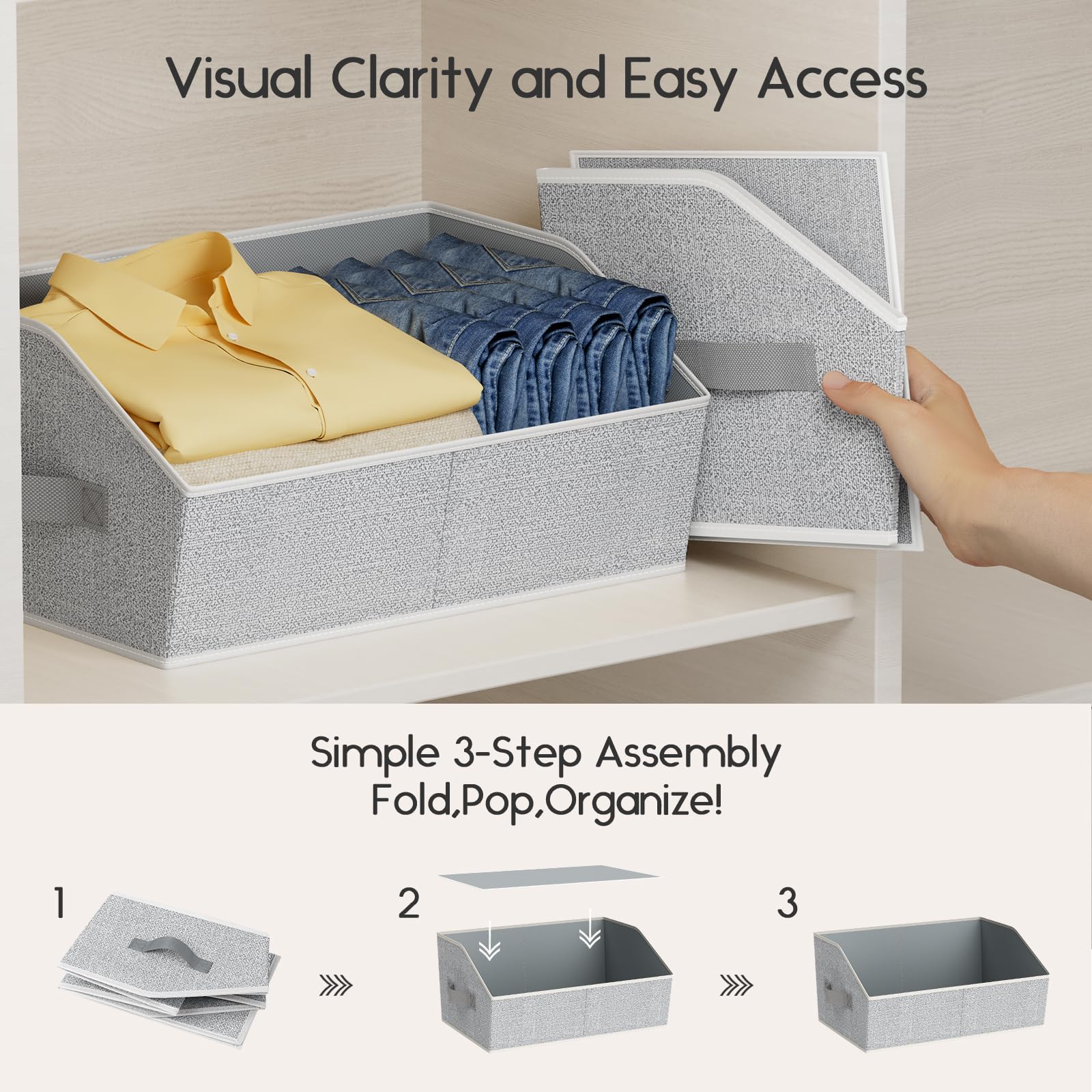Homsorout Fabric Storage Boxes Cube - Large Wardrobe Storage Organiser with Handles, Foldable Opening Bins for Shelves, Bedroom Organising Clothes