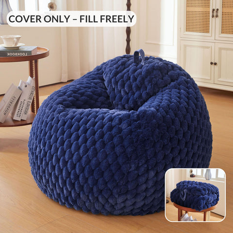 XeGe 3D Bubble Fluffy Faux Rabbit Fur Bean Bag Cover(No Filler), Navy Blue