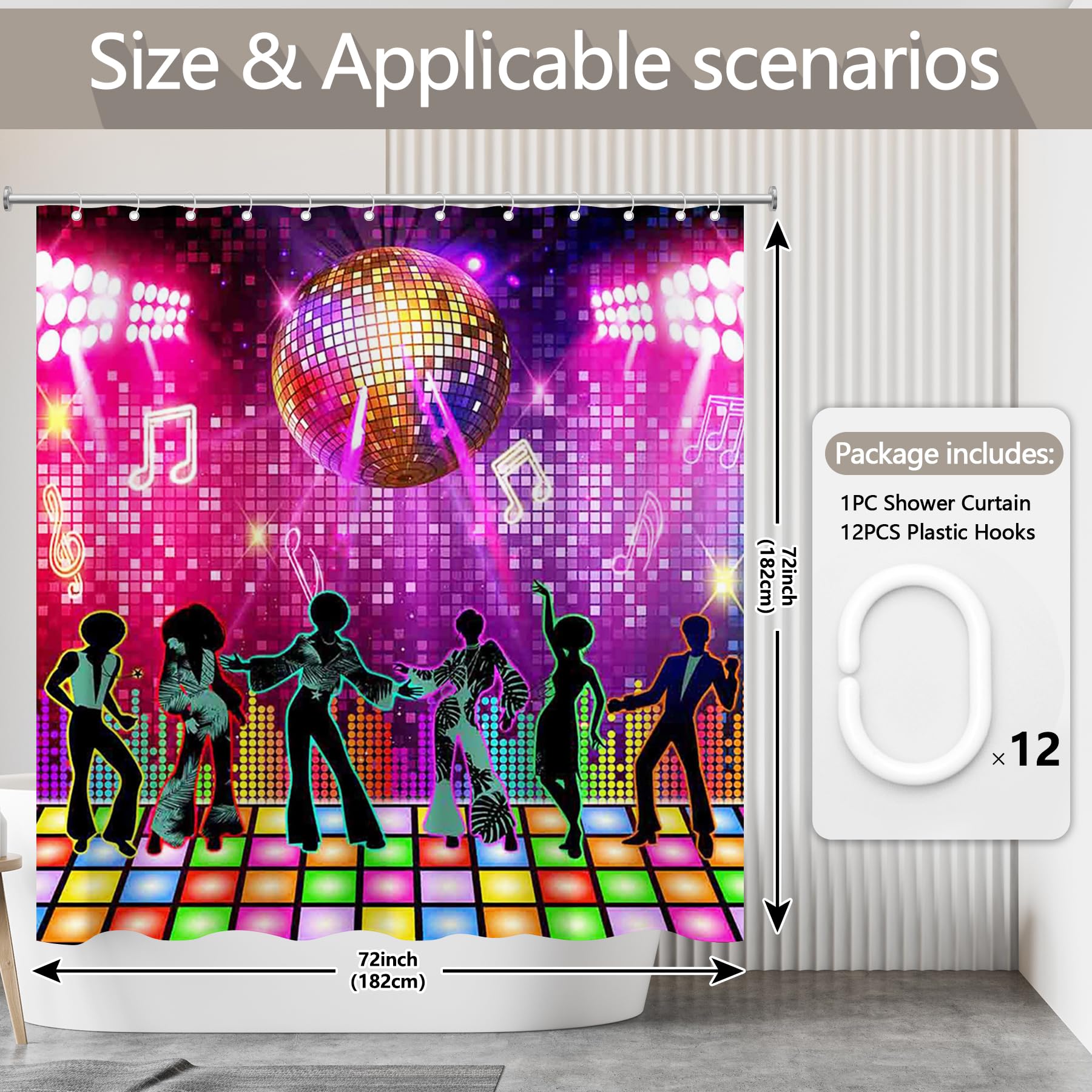 Luminora Retro 70s 80s 90s Disco Night Shower Curtain for Bathroom