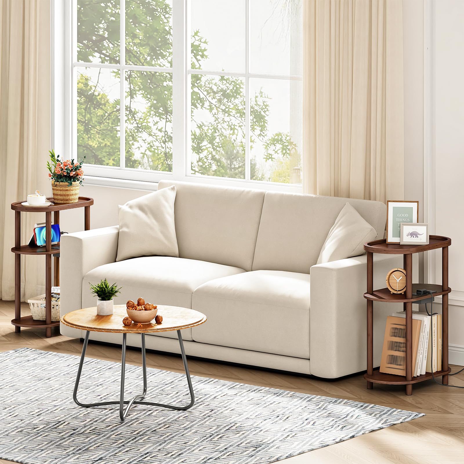 HOOBRO Narrow Side Table with Charging Station, 3 Tier Bamboo Slim End Table, 40 x 20 x 66 cm Narrow Bedside Table, Sofa Side Table, for Living Room