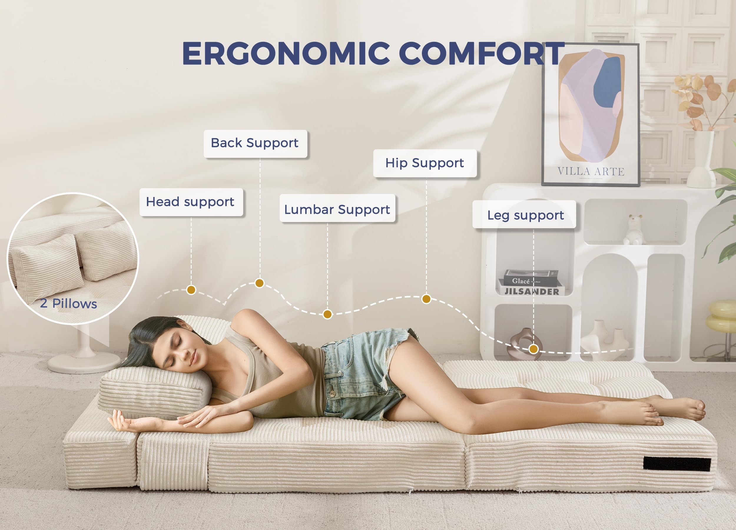 MAXYOYO Folding Foam Sofa Bed, Tri-Fold Mattress with 2 Pillows, Convertible Sofa Chair Futon Z Bed with 15cm Thincken Foam