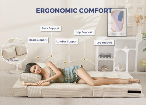 MAXYOYO Folding Foam Sofa Bed, Tri-Fold Mattress with 2 Pillows, Convertible Sofa Chair Futon Z Bed with 15cm Thincken Foam
