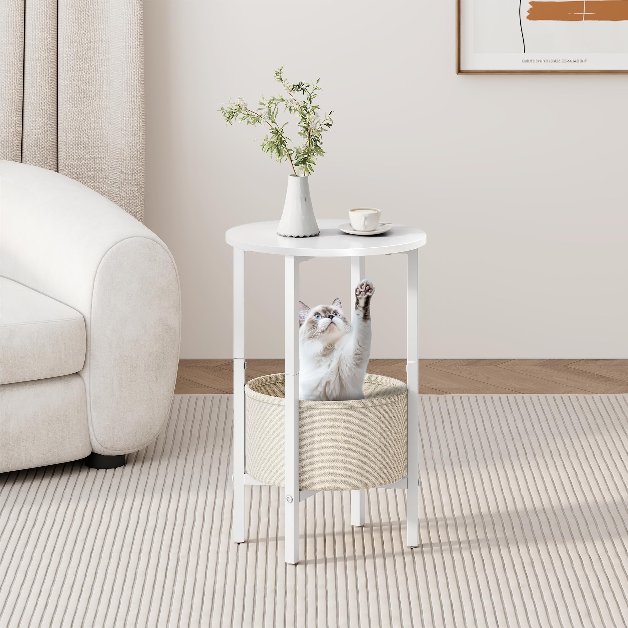 Vagusicc Round Side Table, Round Coffee Table with Fabric Basket, Side Tables Living Room, Decorative Small End Tables for Smal Space