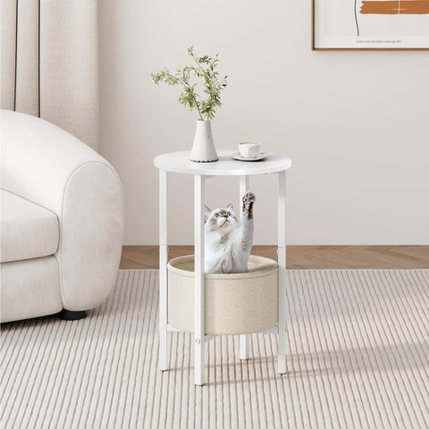 Vagusicc Round Side Table, Round Coffee Table with Fabric Basket, Side Tables Living Room, Decorative Small End Tables for Smal Space