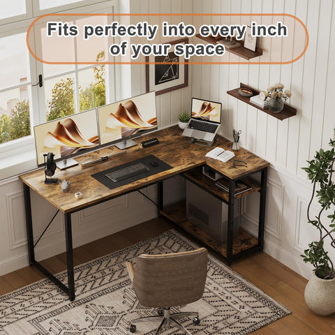 JUMMICO Small L Shaped Desk 100x80cm with Storage, Corner Computer Desk with Reversible Shelf, Sturdy Office Desk & Workstations for Home Office