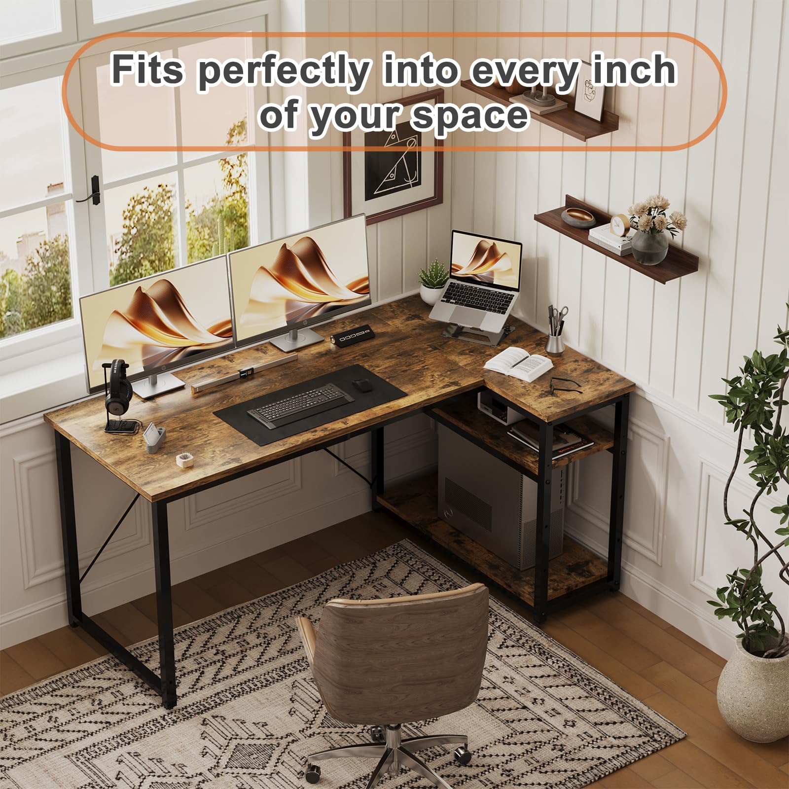 JUMMICO L Shaped Desk 140x80cm with Storage, Corner Computer Desk with Reversible Shelf, Sturdy Office Desk & Workstations for Home Office, Brown