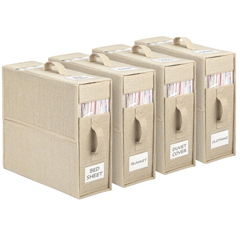 WELTRXE Bed Sheet Organizer, 4 Pack Foldable Bedding Organiser with Handle and Window, Foldaway Closet Storage Bins