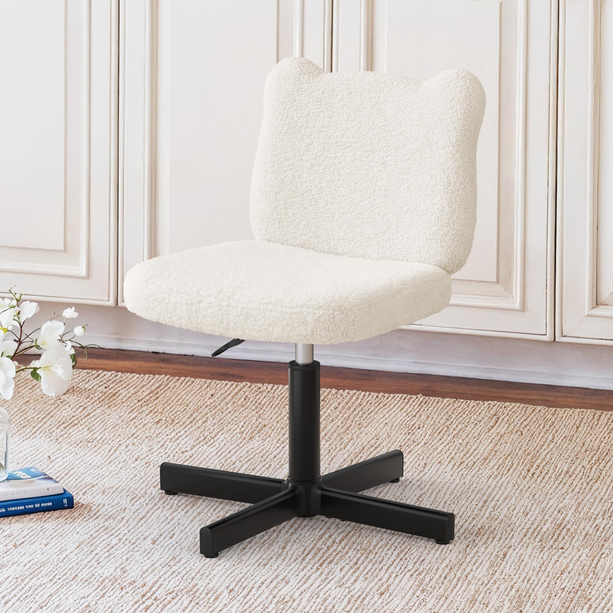 LUE BONA 360° Swivel Vanity Stool with Bear Ear Backrest, Height Adjustable Teddy Velvet Dressing Table Chair, Beige