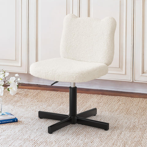 LUE BONA 360° Swivel Vanity Stool with Bear Ear Backrest, Height Adjustable Teddy Velvet Dressing Table Chair, Beige