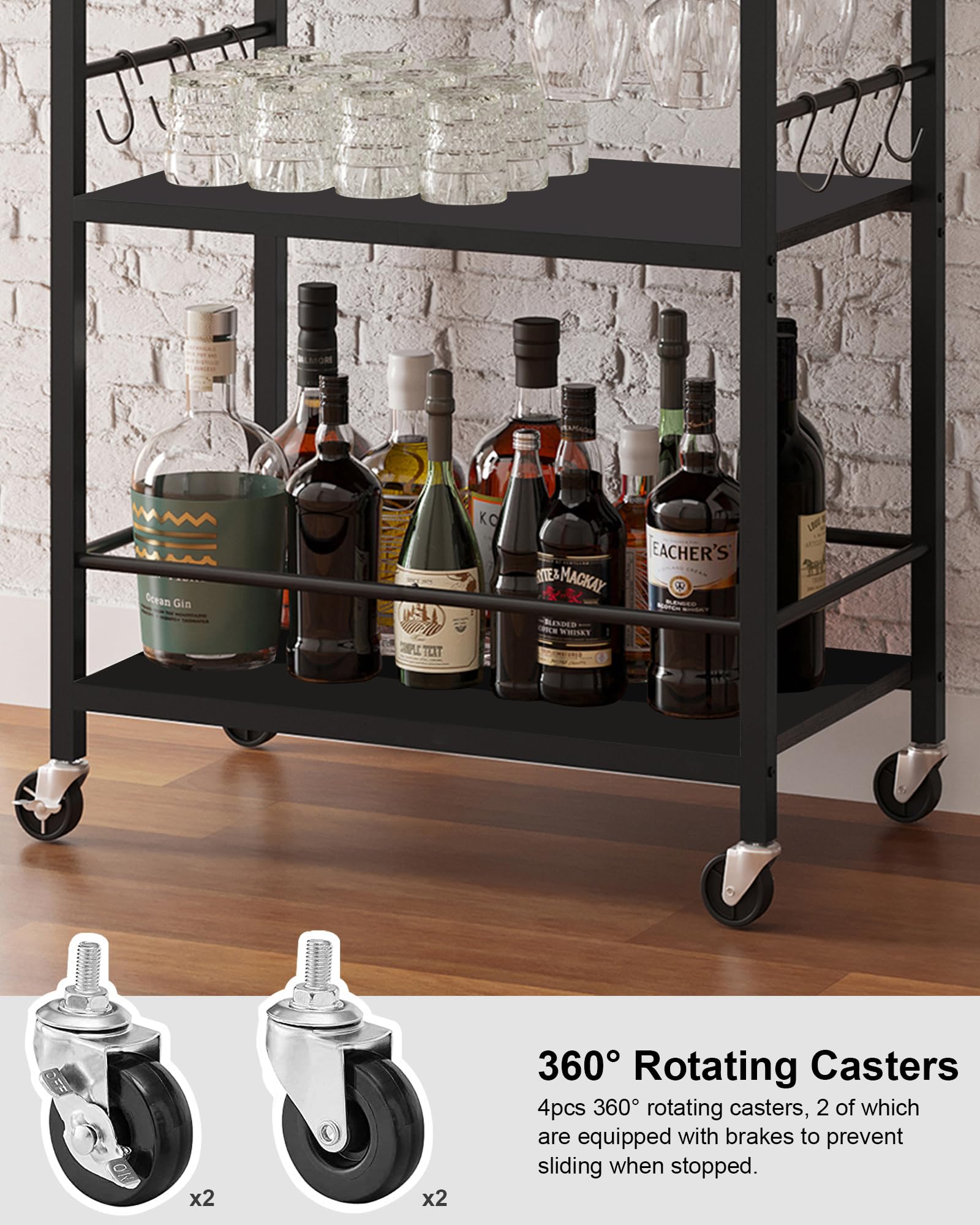 TUTOTAK Drinks Trolley, Bar Cart with 3-Tier Shelf, Serving Trolley with Wine Rack, Glass Holder, Rolling bar cart for the Home, Living Room