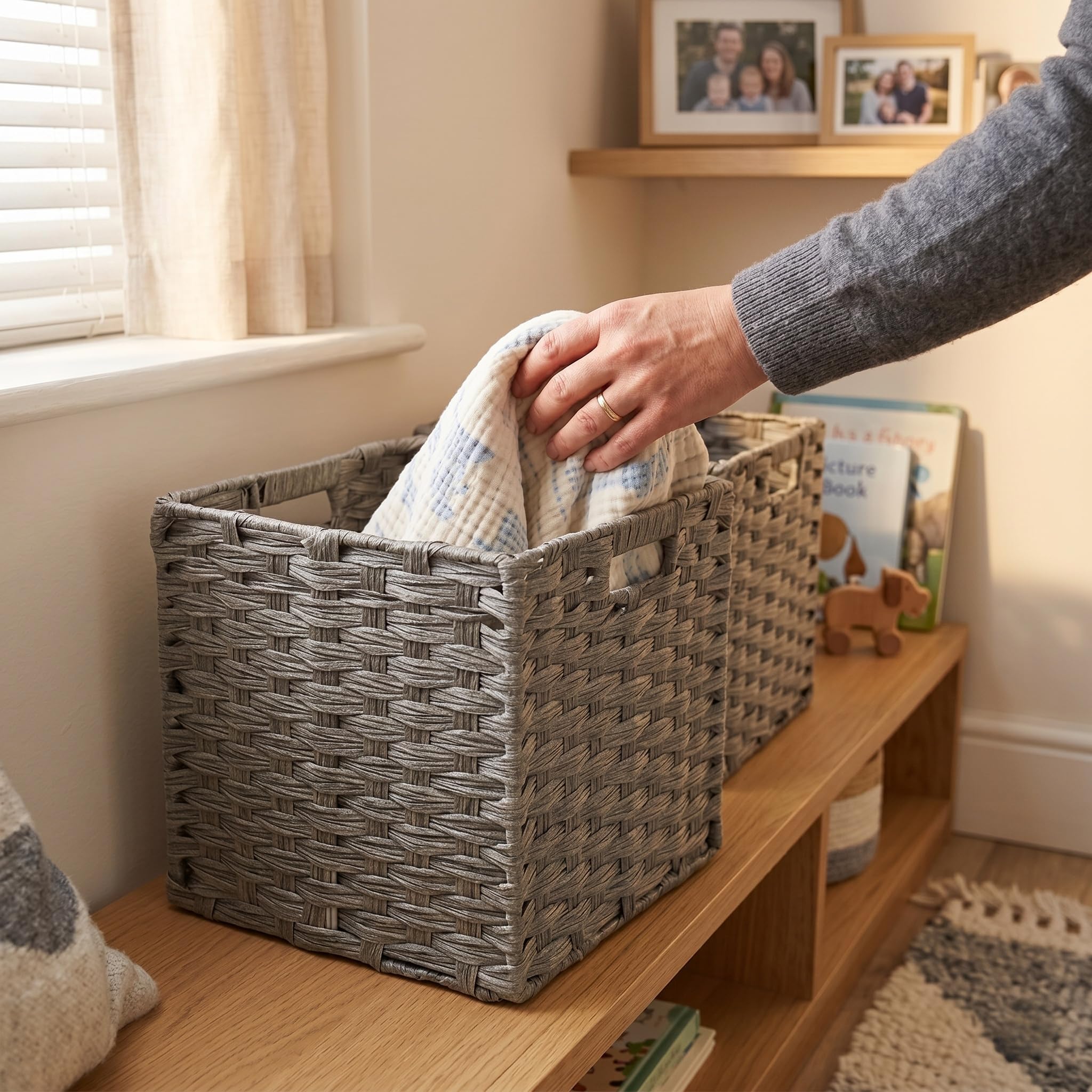 SOCOHOME Cube Storage Box,28x28x28cm Faux Rattan Storage Basket for Toy Clothes Shelf Nursery Closet Waterproof, Non-Mouldy(Grey, 2 Pack)