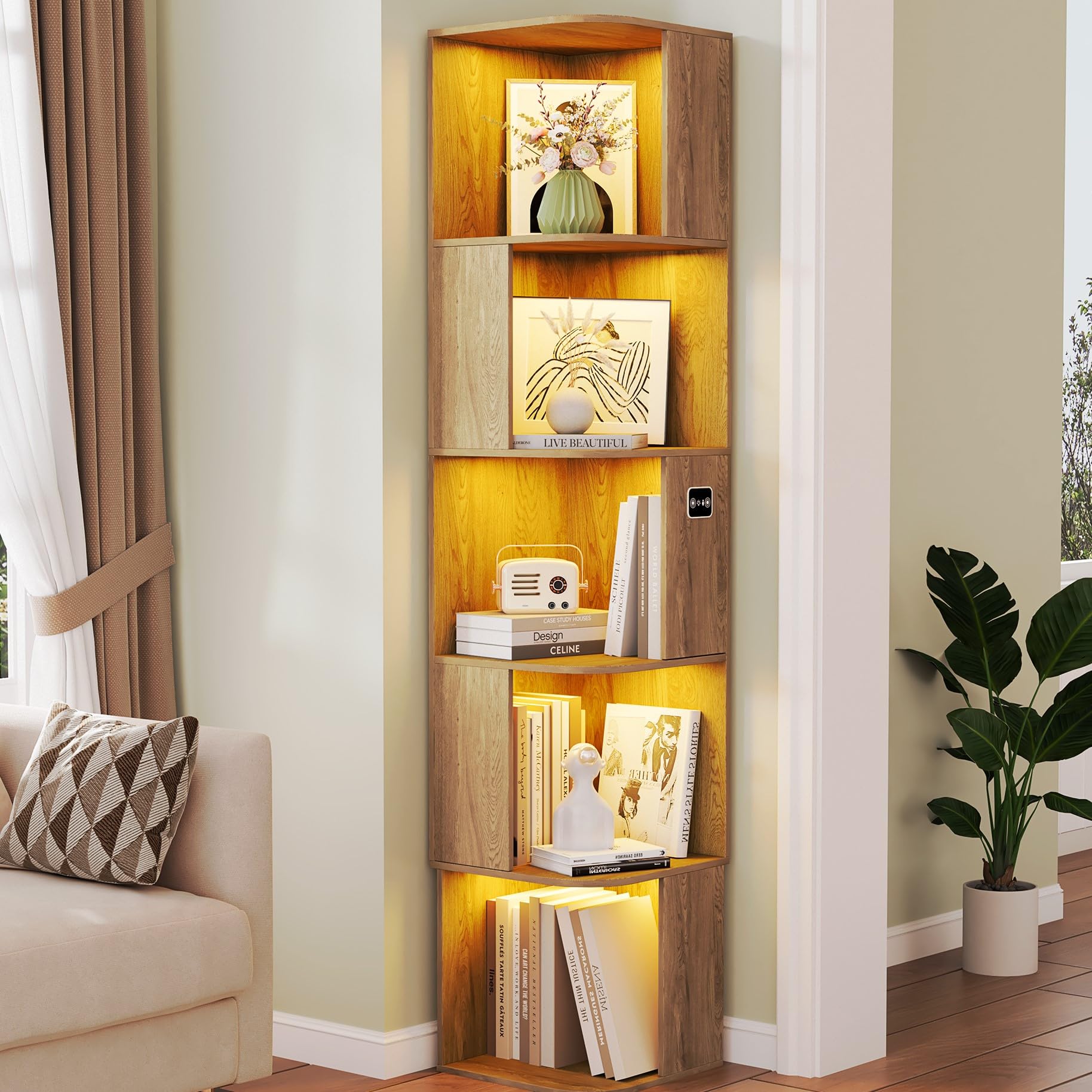64.8 " Corner Wood Bookcase with Body Sensor LED for Home Office,Natural