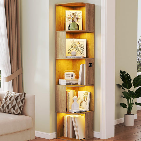 64.8 " Corner Wood Bookcase with Body Sensor LED for Home Office,Natural
