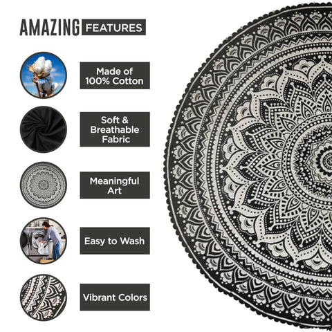 raajsee Grey Black Round Beach Tapestry Hippie/Boho Beach Blanket Mandala/Indian Cotton Throw