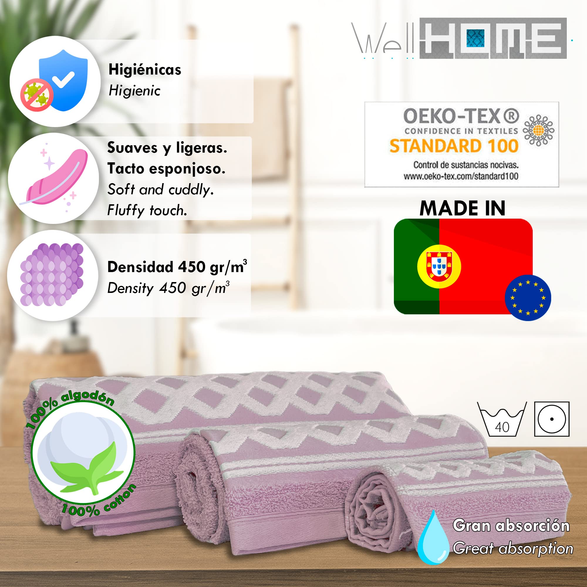 WELL HOME MOBILIARIO & DECORACIÓN Set of 3 Terry Cotton Bath Towels 450 gr/m2, 50 x 30, 100 x 50, 150 x 100 cm, Lilac Diamond Collection