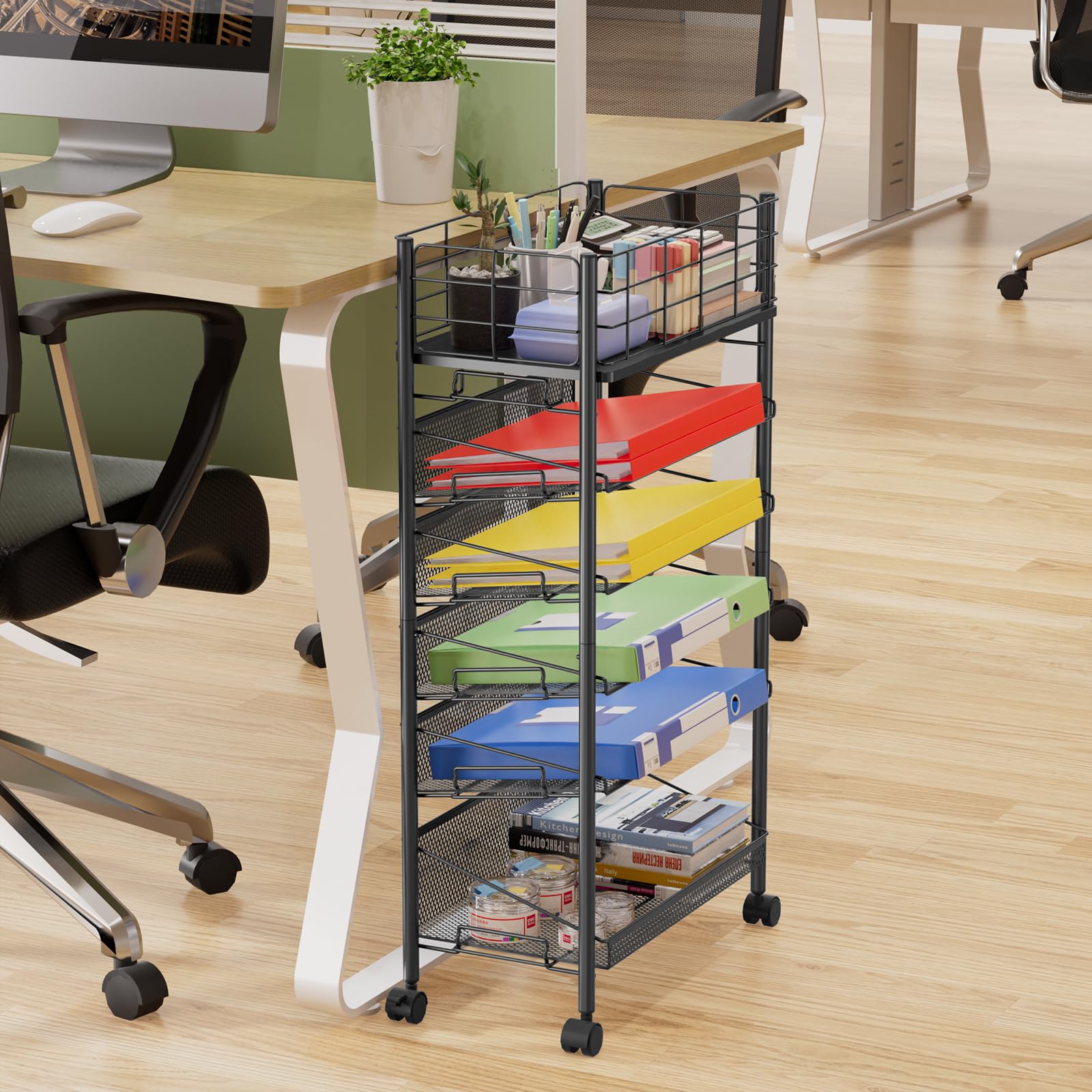 Shrivee 6-Tier Metal Rolling File Cart with Wheels, Black & White, Modern Office/Home/School Teacher Classroom File Organizer, Space-Saving