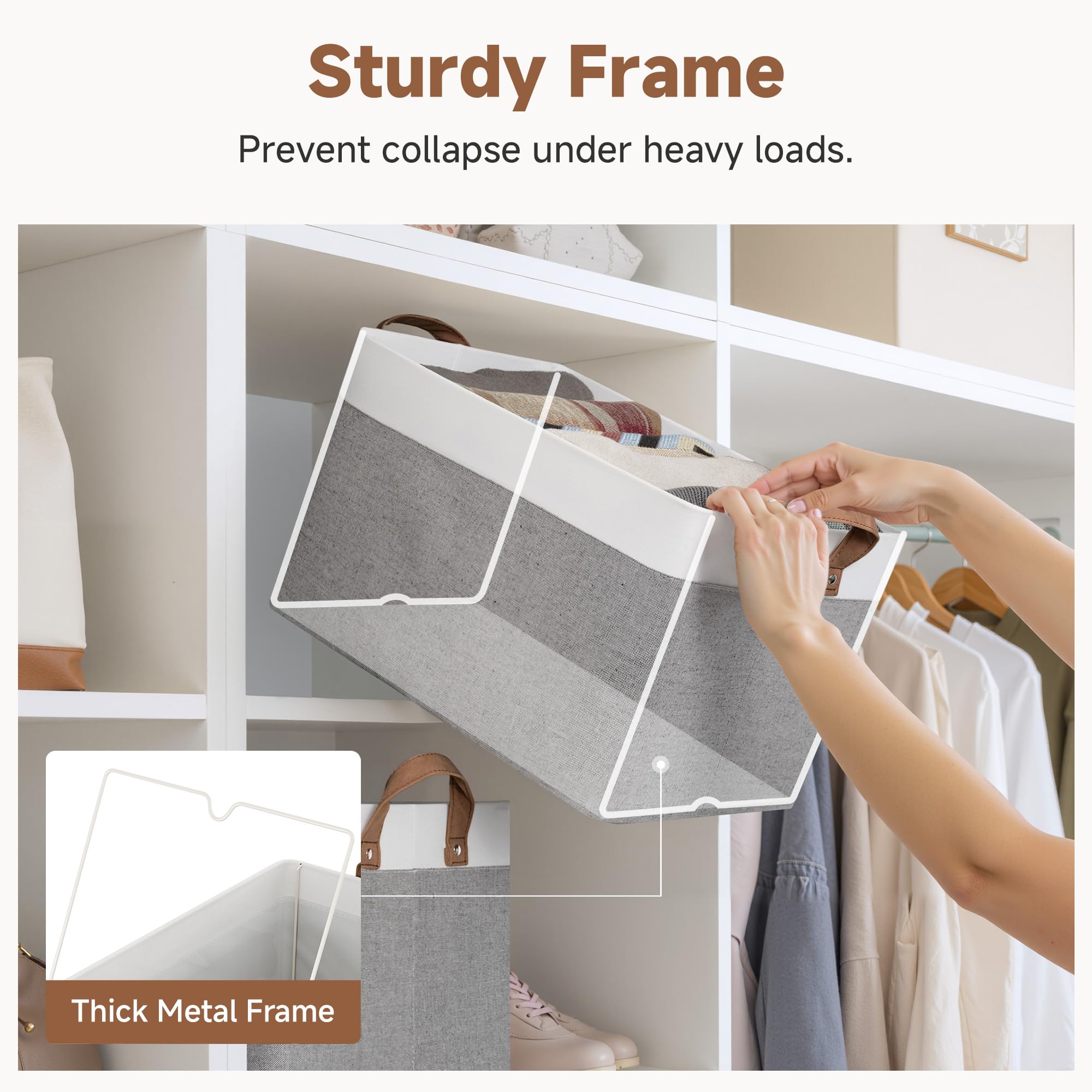 StorageWorks Fabric Storage Baskets for Shelves, Wardrobe Storage Boxes for Clothes, Large Storage Bins with Metal Frame