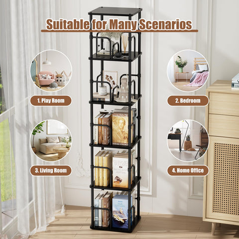5 Tier Square Rotating Bookshelf, 360° Corner Bookshelf Tower, Small Size Revolving Bookcase with Adjustable Levels