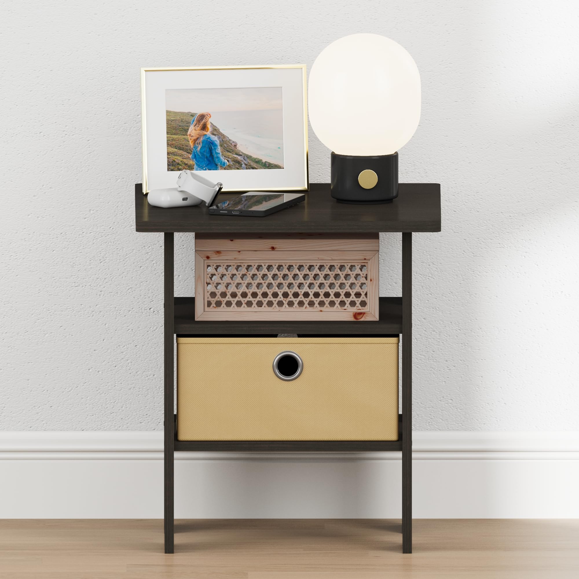 Furinno TIDUR Night Stand, Open Shelf Design Nightstand with Storage Bin, Bedside Table, End Table, Side Table, for Bedroom, Living Room, Espresso