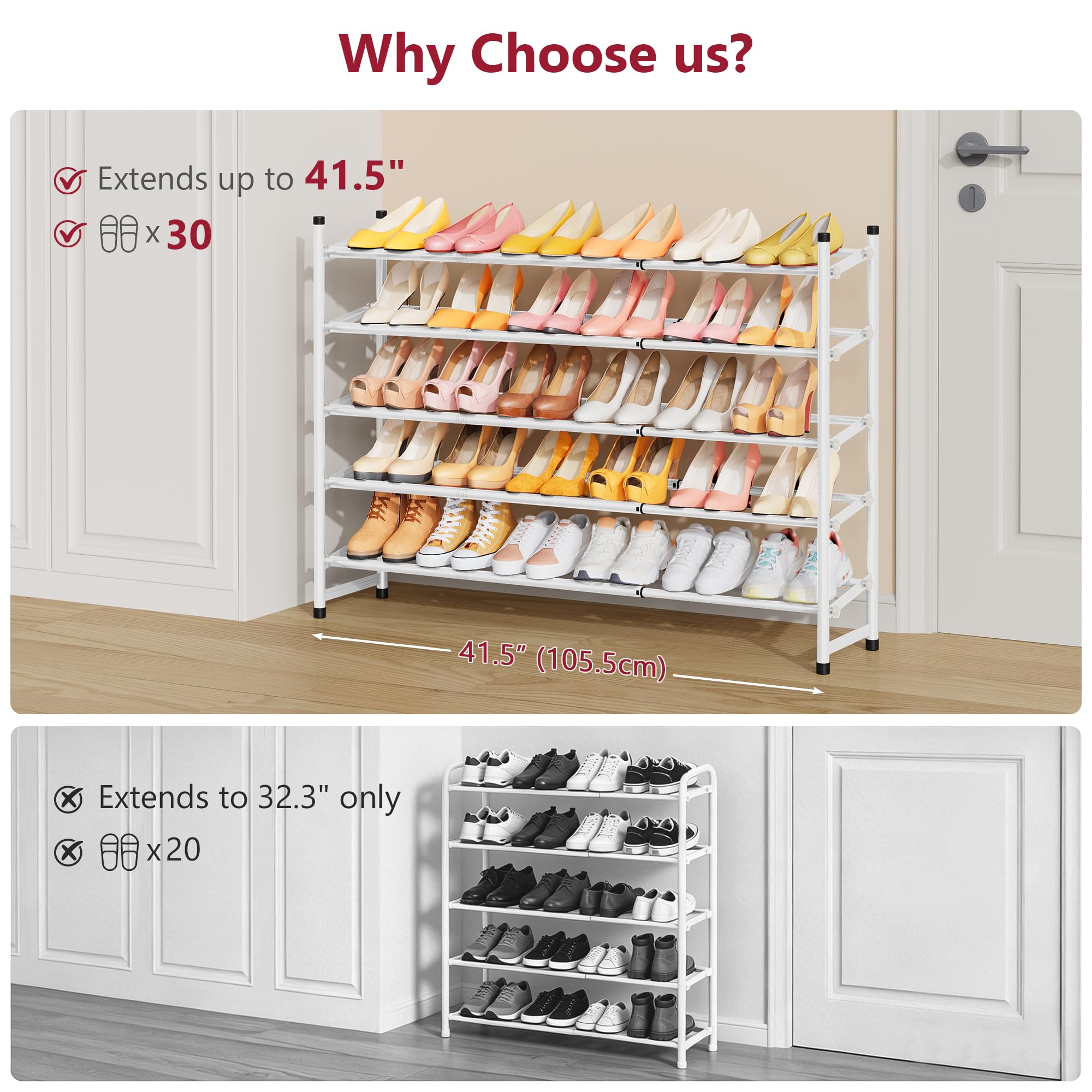 Tajsoon Expandable Shoe Rack for Closet 5 Tier, 71-105 cm Stackable, White